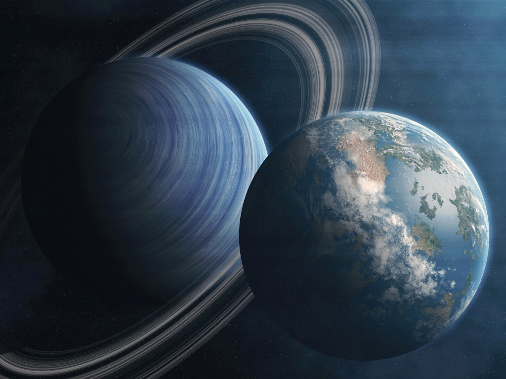 Большая планета Сатурн и планета Земля в космосе 