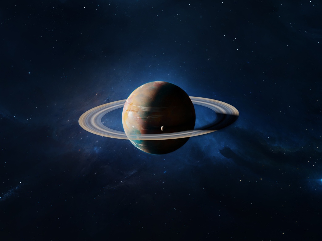 Большая планета Сатурн в голубом космосе 