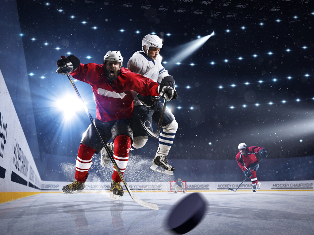 Мужчины играют в хоккей на льду 