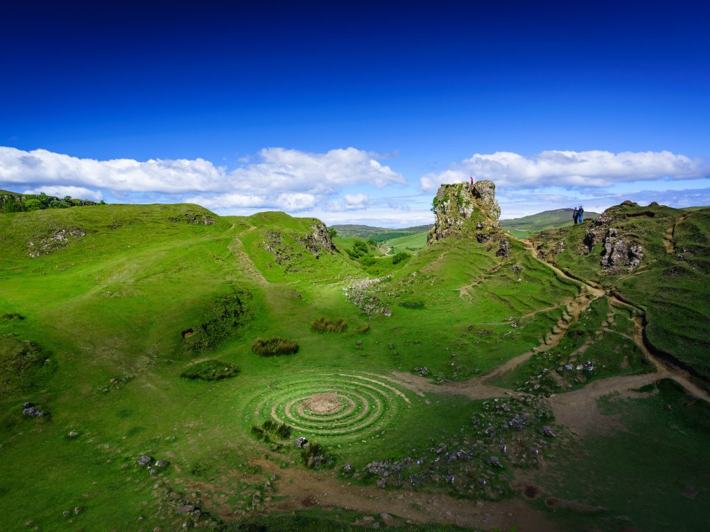 Круги на зеленой траве под голубым небом, Шотландия 
