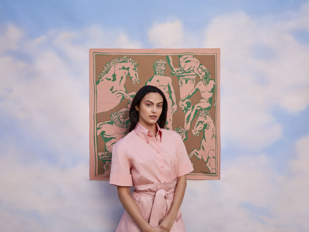 Актриса Камила Мендес в розовом платье на фоне картины 