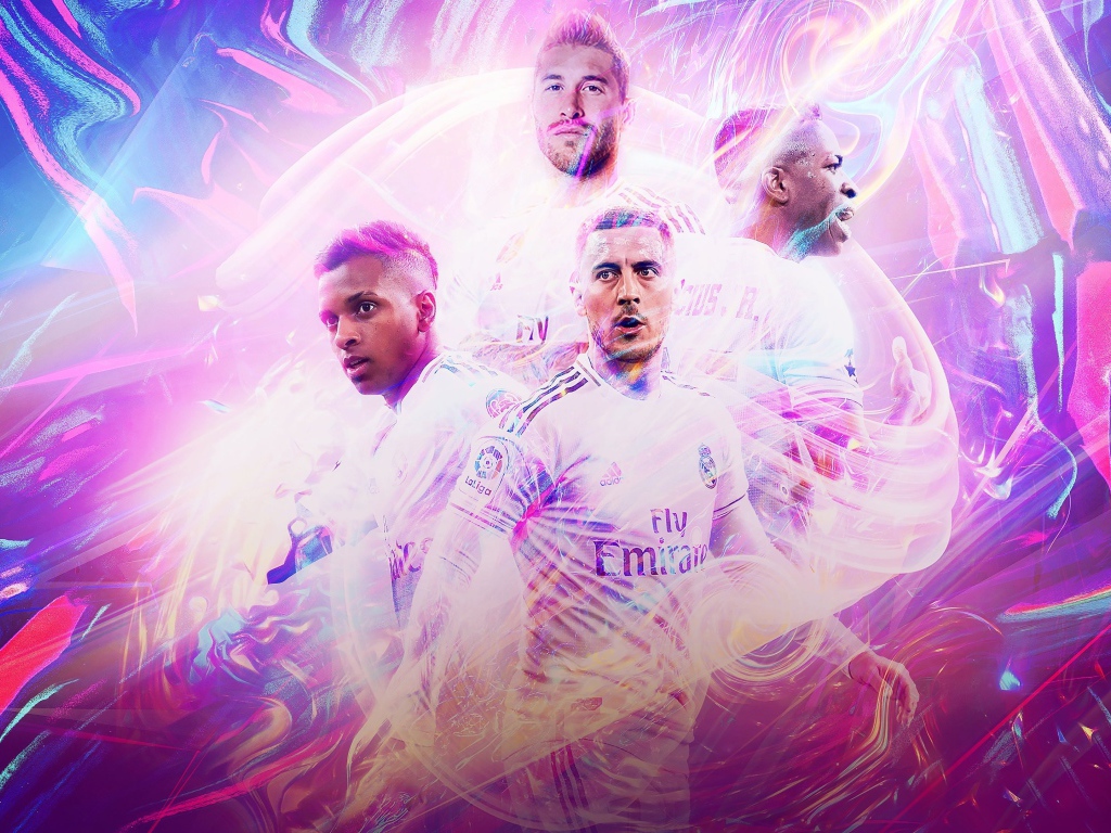Футболисты из клуба Real Madrid на разноцветном фоне