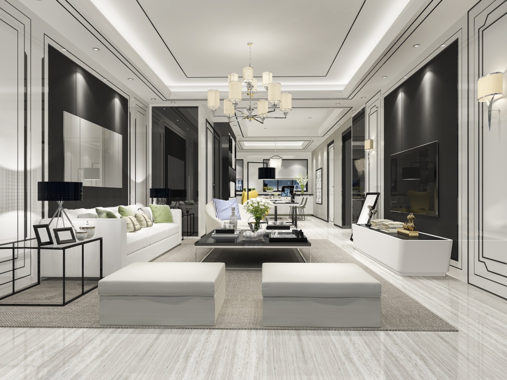 Большая просторная гостиная комната с белой кожаной мебелью