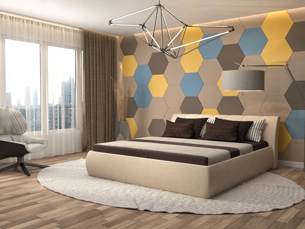 Спальная комната в стиле минимализм с большой кроватью 