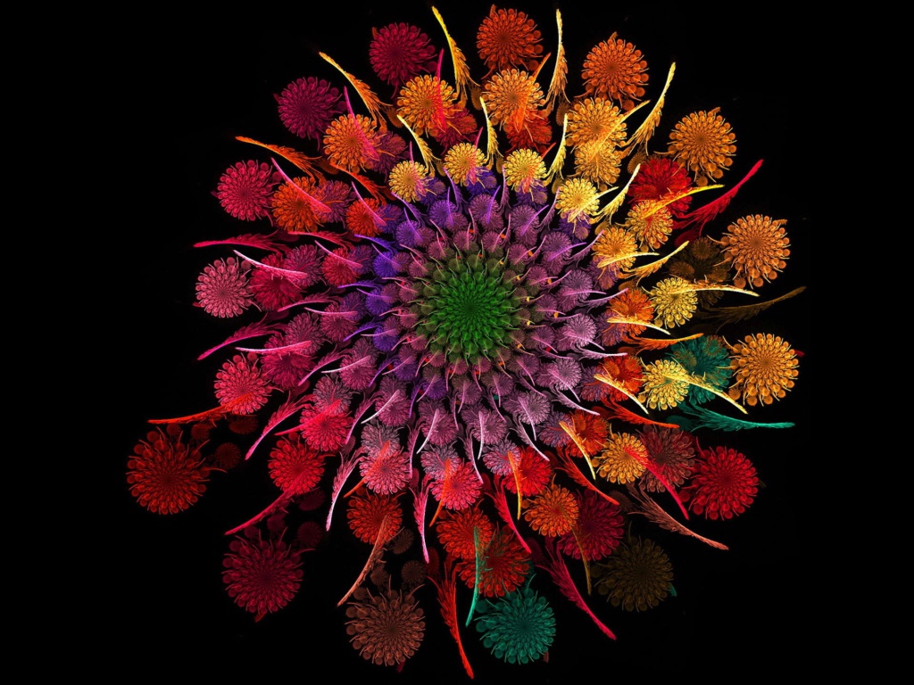 Красивые разноцветные абстрактные цветы в спирали на черном фоне