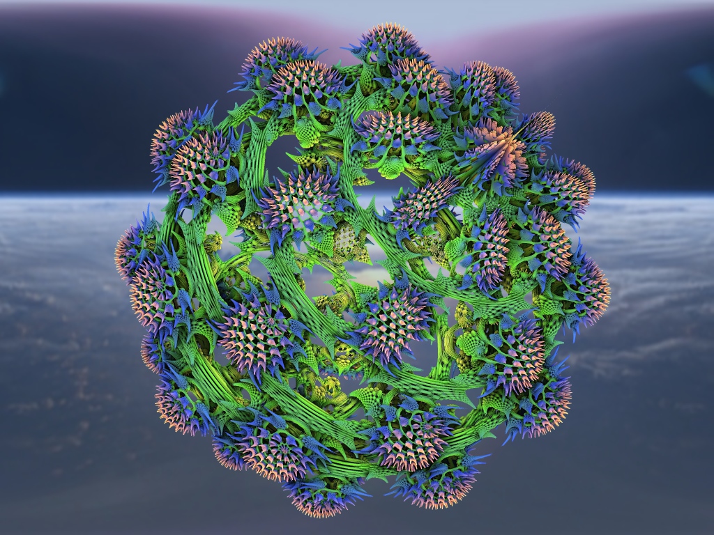 Большой колючий фрактальный цветок на сером фоне