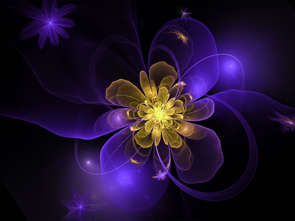 Фиолетовый фрактал с желтой серединой на черном фоне