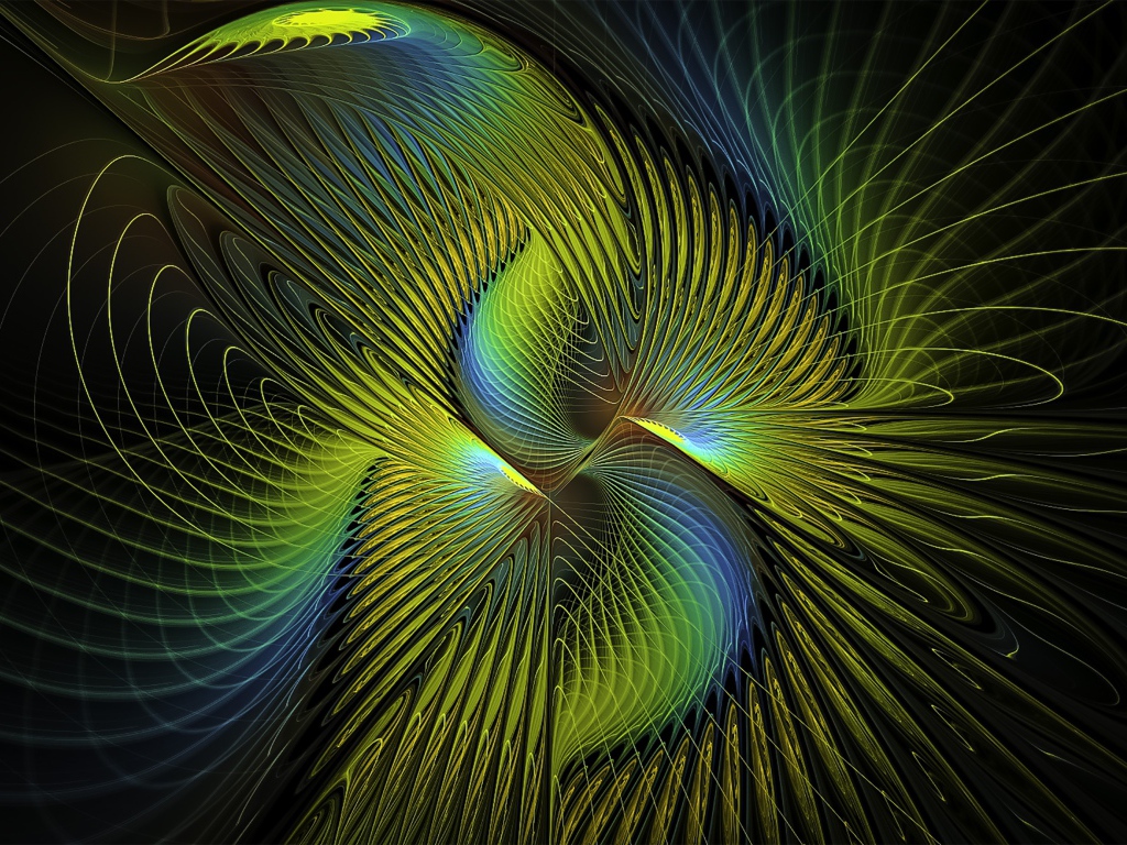 Переливающийся волнистый фрактальный узор на черном фоне