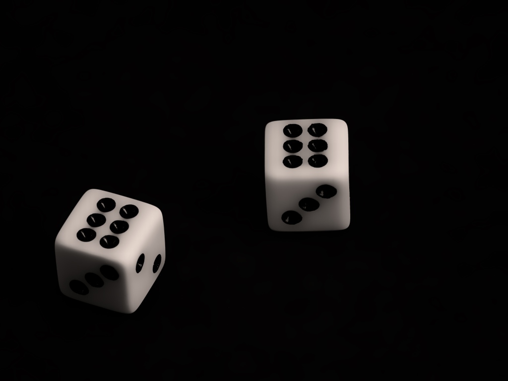 Две белые игральные кости с шестерками на черном фоне