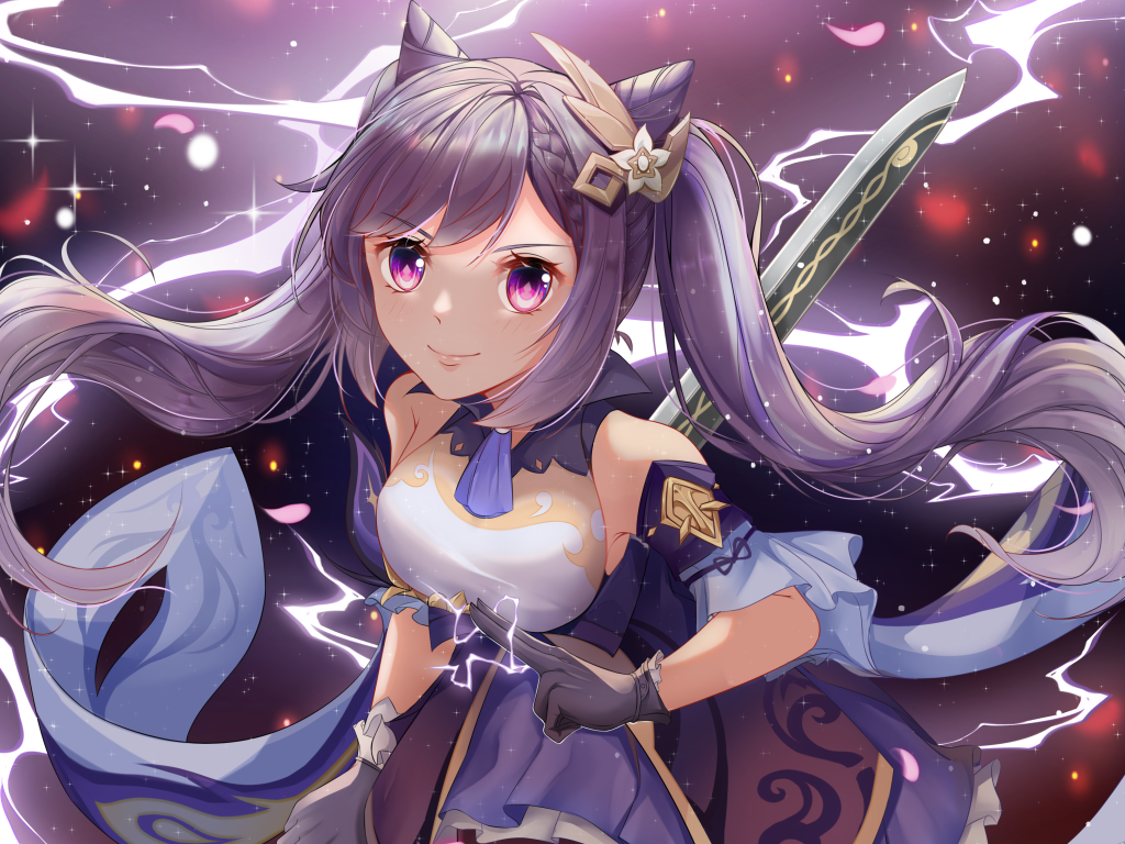 Девушка аниме с длинными сиреневыми волосами
