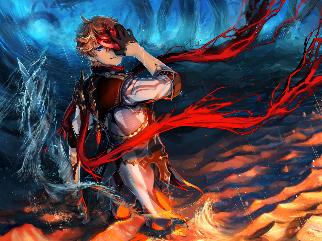 Мужчина аниме закрыл лицо рукой в воде