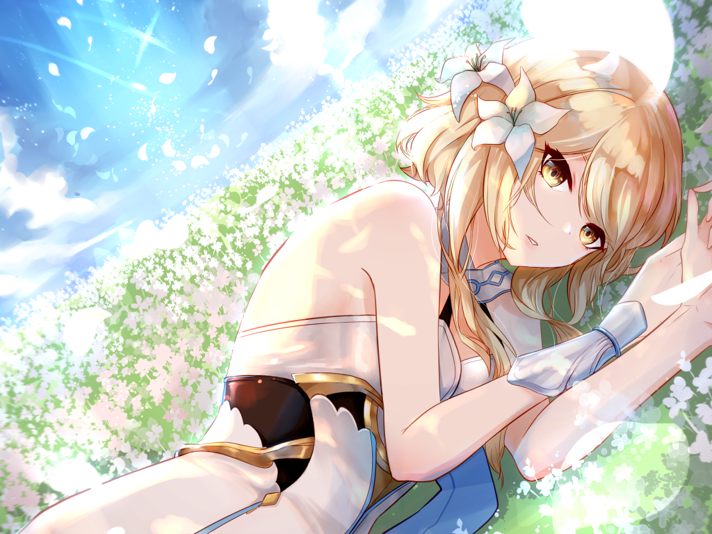 Красивая девушка аниме с цветами в волосах