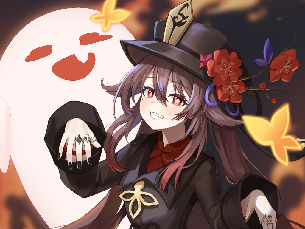Smiling anime girl in black hat