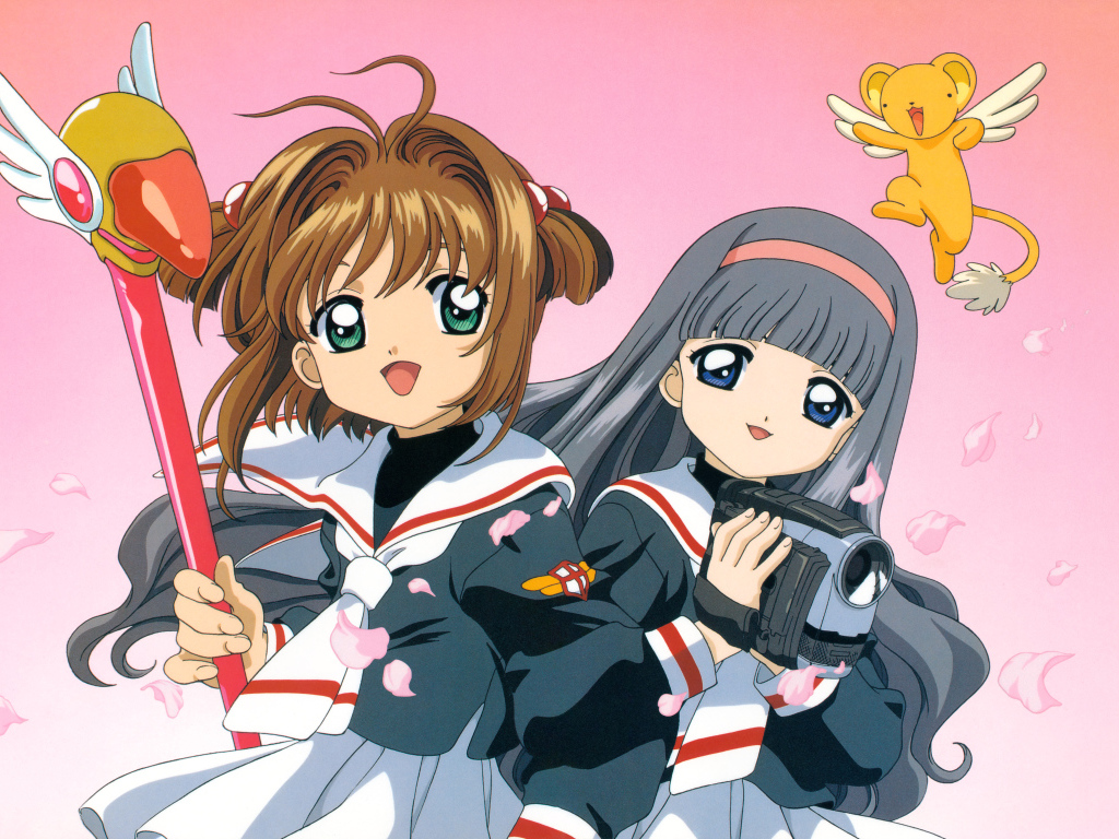 Две девушки аниме с камерой на розовом фоне