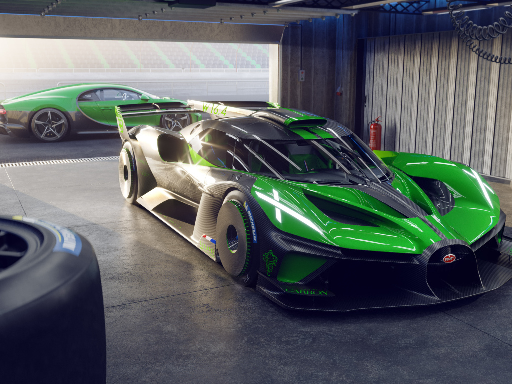 Зеленый гоночный автомобиль Bugatti Bolide 2022 года в гараже