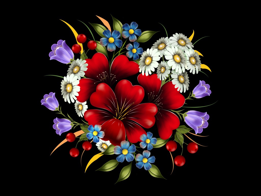 Нарисованные цветы на черном фоне