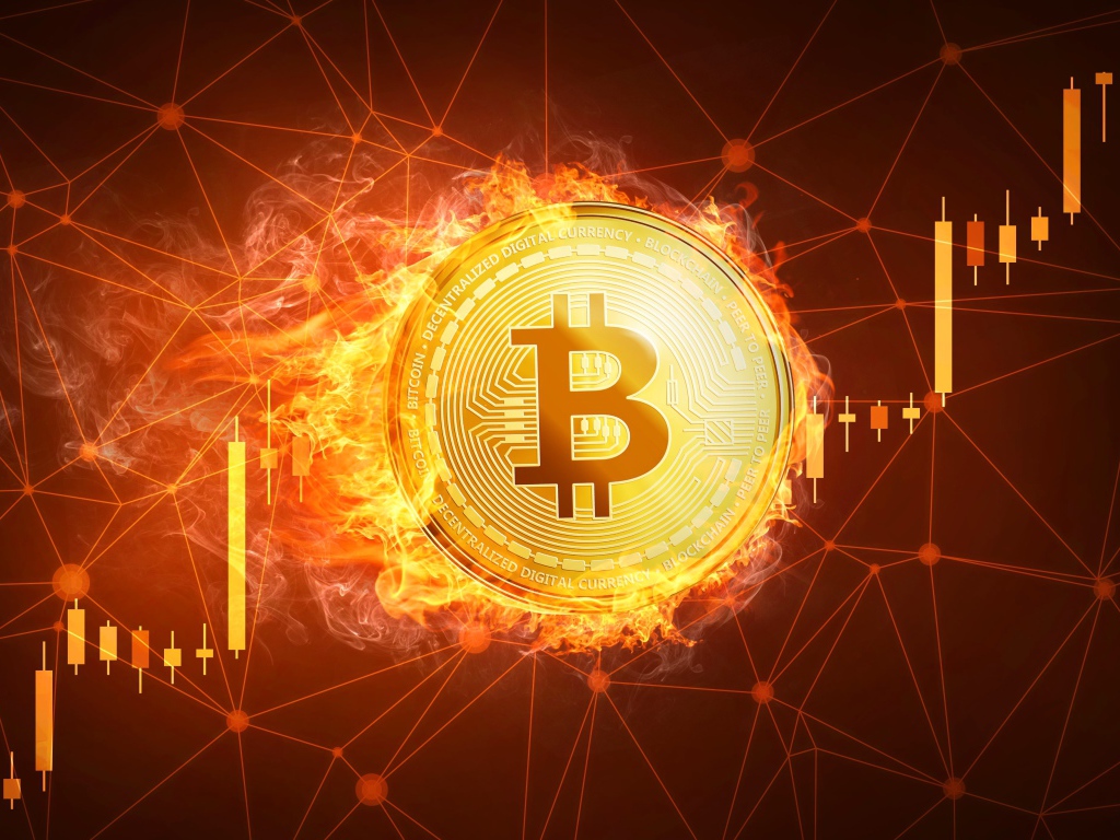 Fiery bitcoin coin on grid background