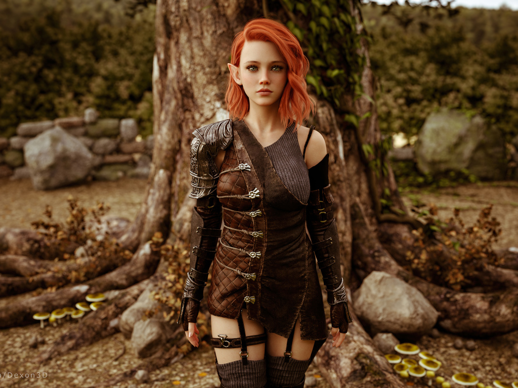 Девушка эльф стоит у дерева косплей