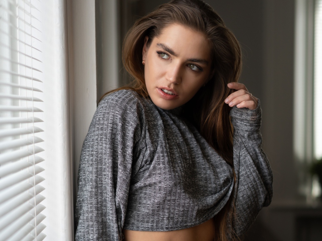 Beautiful brunette girl stands by the window