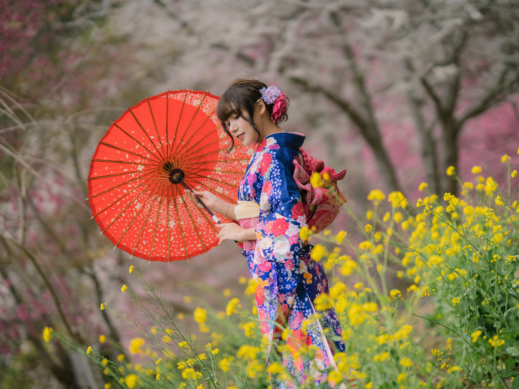 Красивая девушка в кимоно с зонтом в руке 