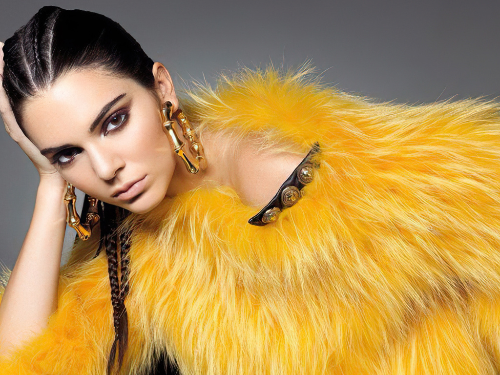 Красивая модель Кендалл Дженнер в желтой шубе