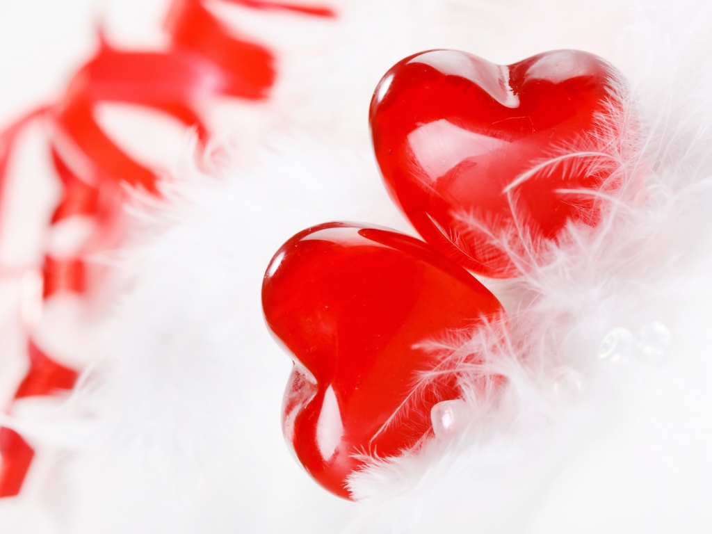 Два красных сердца с белым перьями