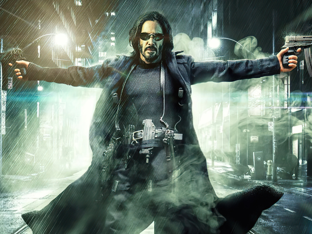 Нео с оружием в фильме Матрица: Воскрешение, 2021