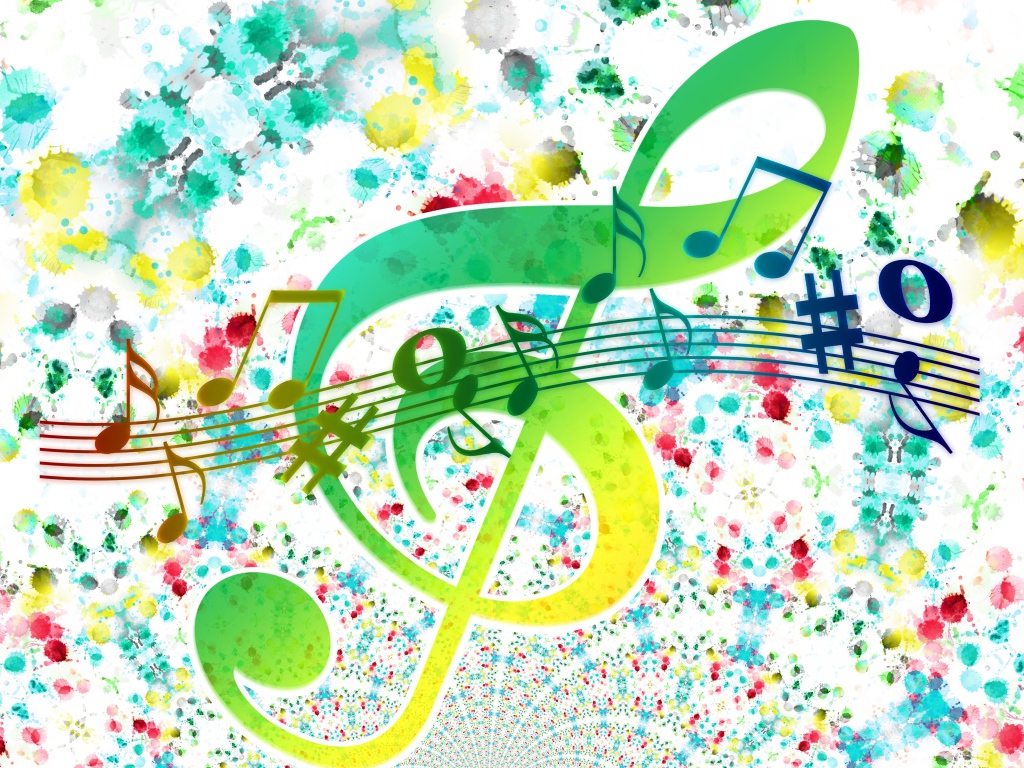 Разноцветный нотный ряд на белом фоне с пятнами 