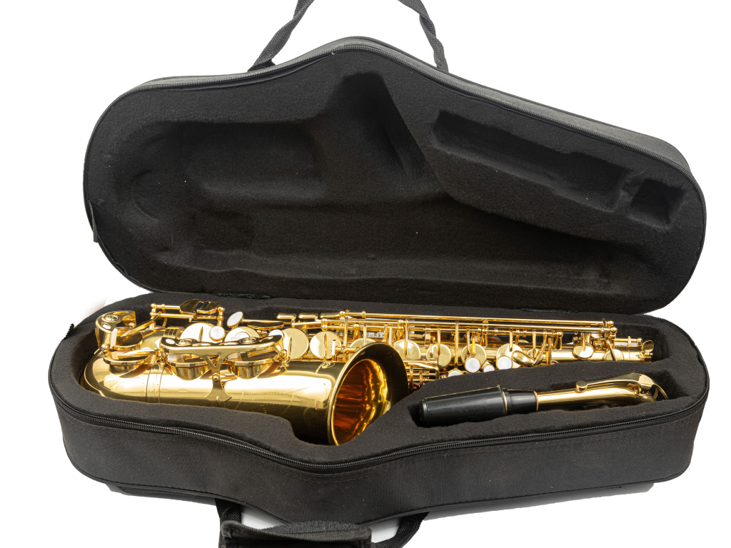 Саксофон в черном чехле на белом фоне