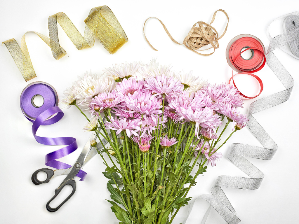 Букет розовых цветов хризантемы с ленточками на белом фоне