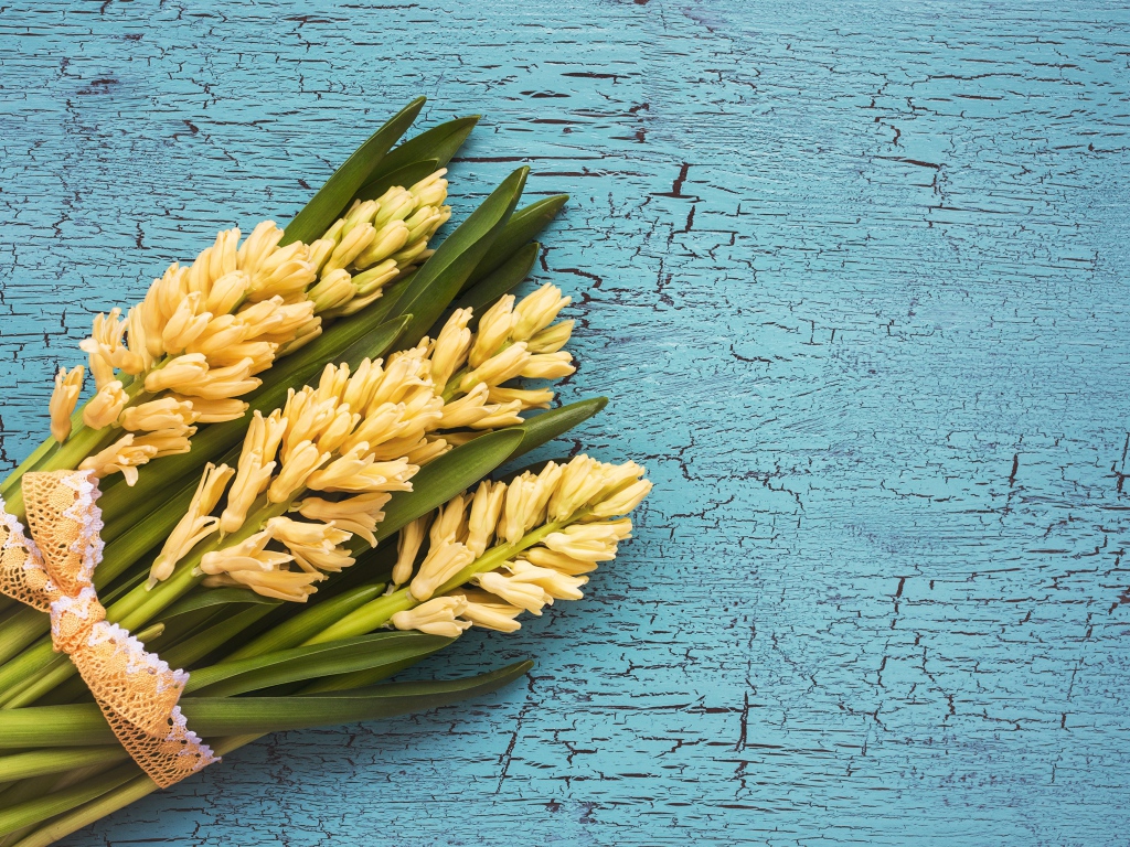 Букет желтых гиацинтов с зелеными листьями на голубом фоне