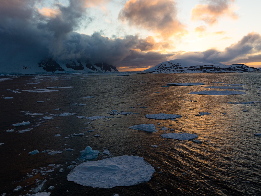 Льдины в воде у покрытых снегом гор в тумане