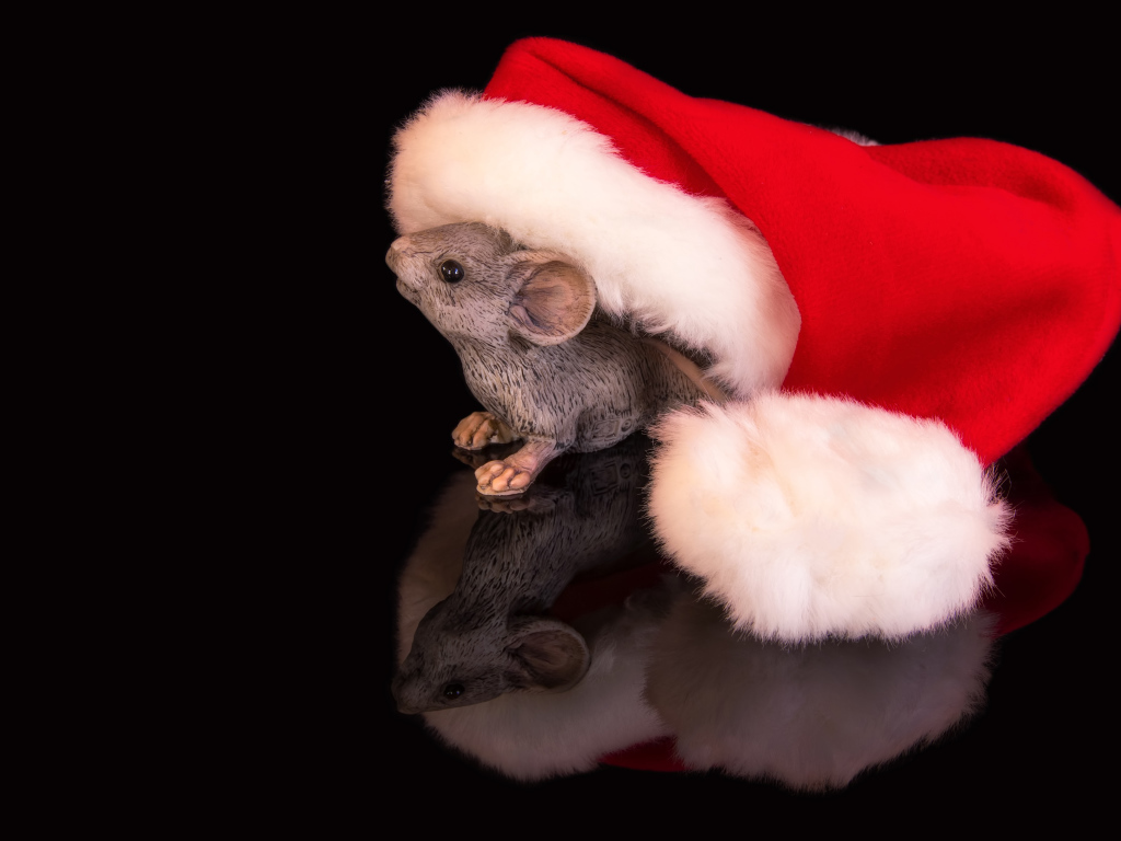 Статуэтка мышка с красным колпаком на черном фоне 