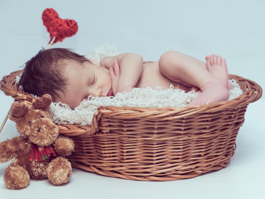 Красивый маленький грудной ребенок спит в корзине с игрушкой 
