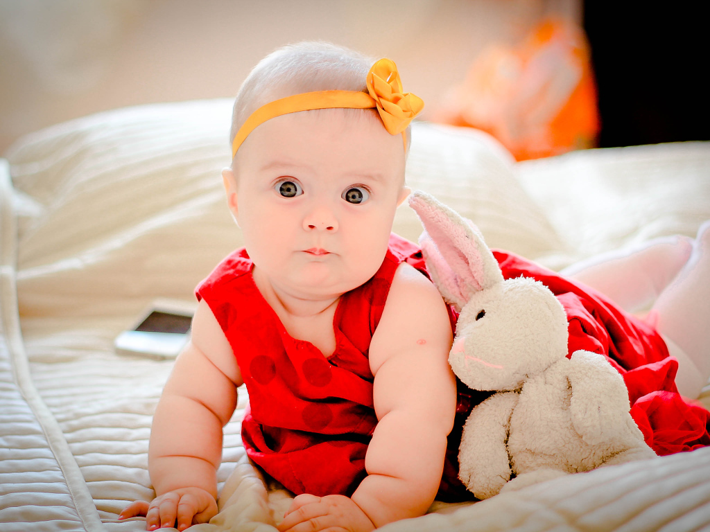 Маленькая девочка в красном платье с игрушкой 