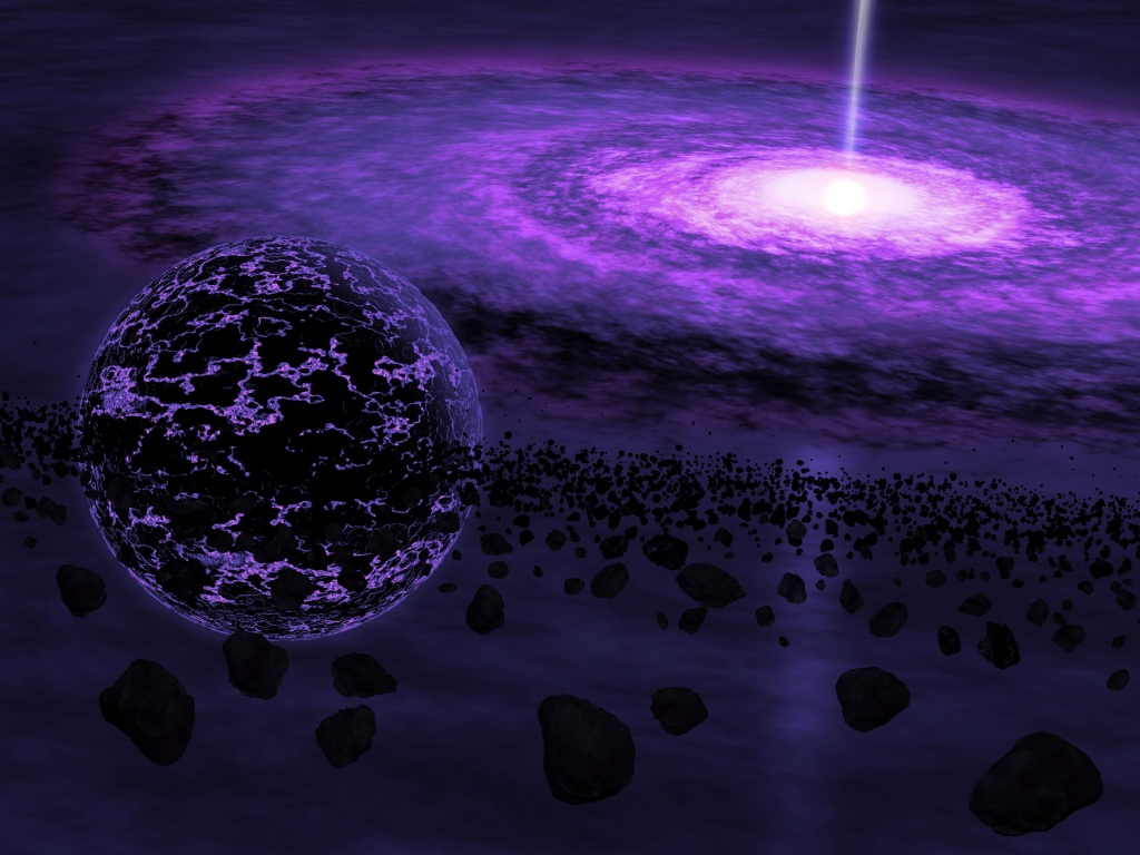 Черная дыра и планета с метеоритами в космосе 