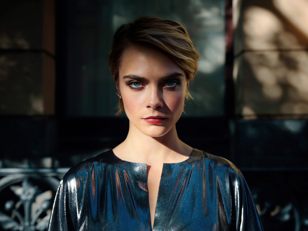 Яркая голубоглазая девушка Кара Делевинь в платье