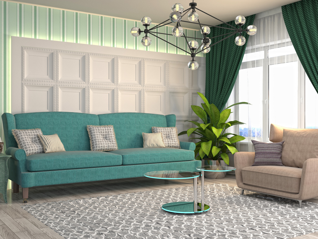 Большой голубой диван в гостиной с балконом