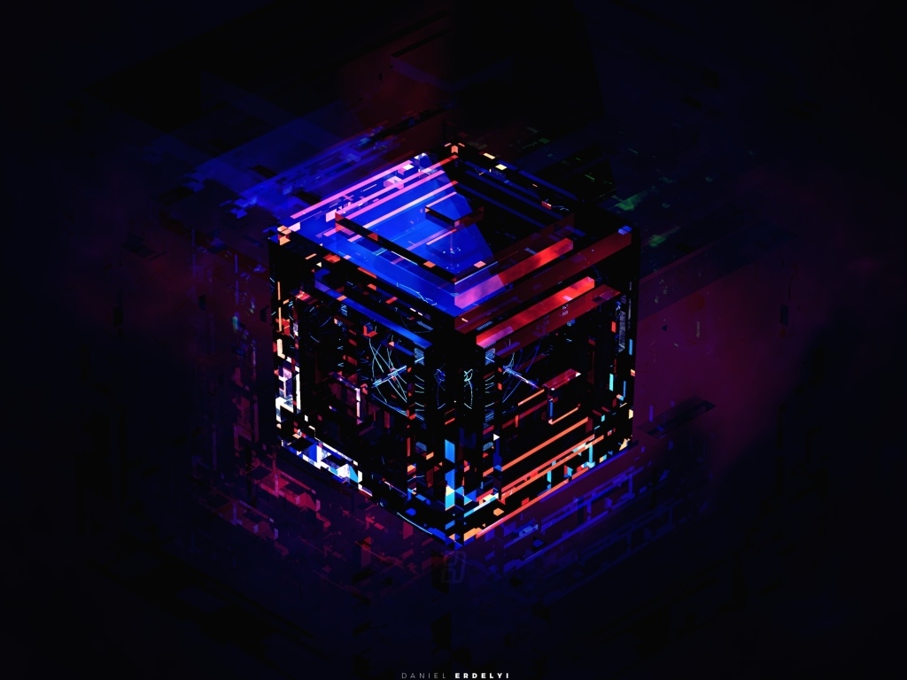 Разноцветный электронный куб на черном фоне