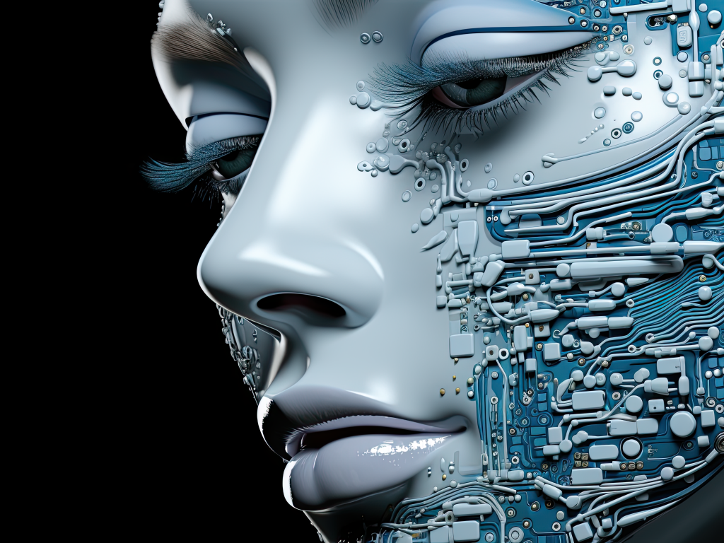 Лицо девушки робота на черном фоне 3д графика