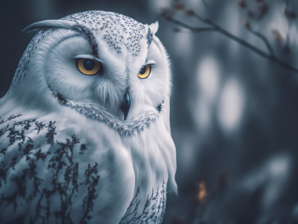 Суровая снежная сова с желтыми глазами