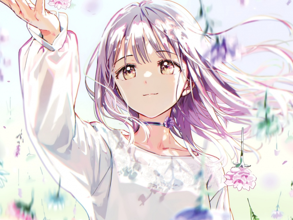 Девушка аниме ловит падающие цветы