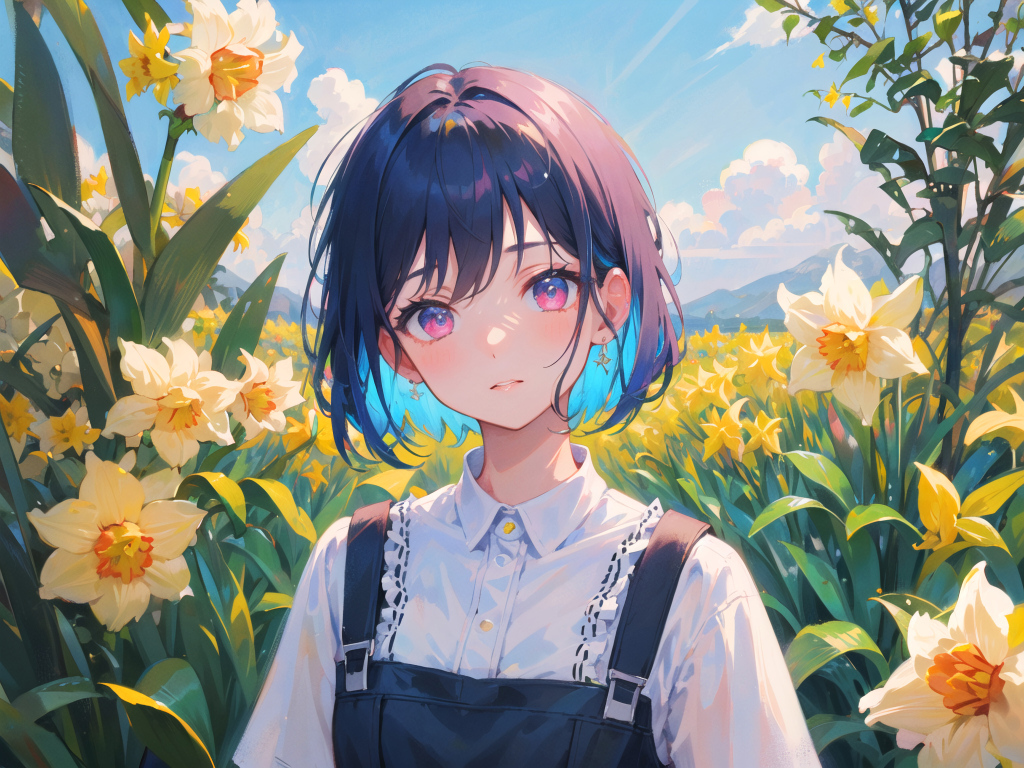 Девушка аниме на поле с нарциссами