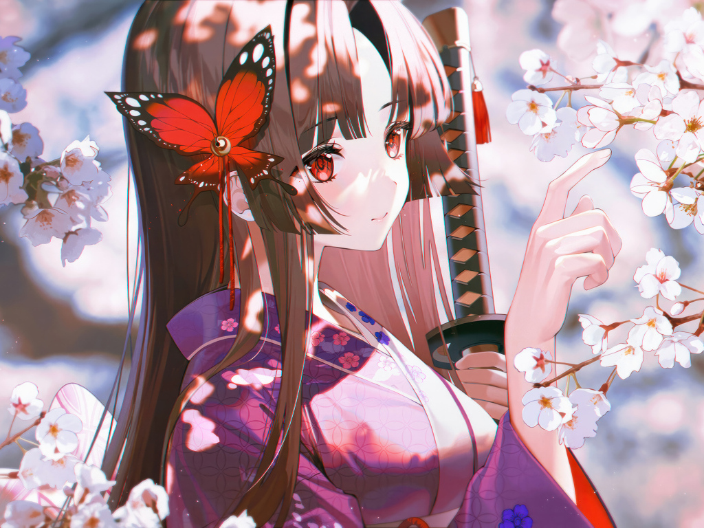 Девушка аниме с бабочкой в волосах