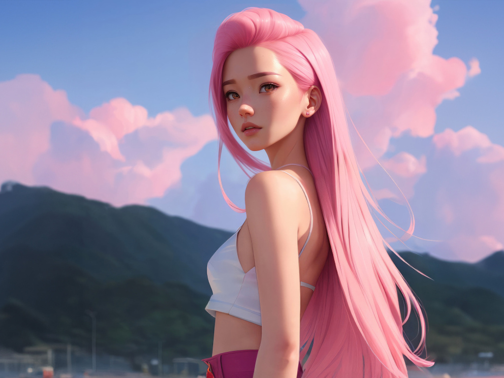 Девушка аниме с длинными розовыми волосами