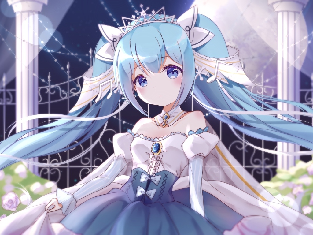 Милая девушка аниме Мику Хацунэ в красивом платье