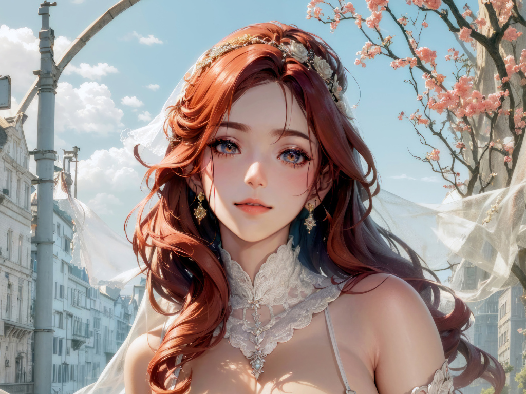 Рыжеволосая девушка аниме в свадебном платье