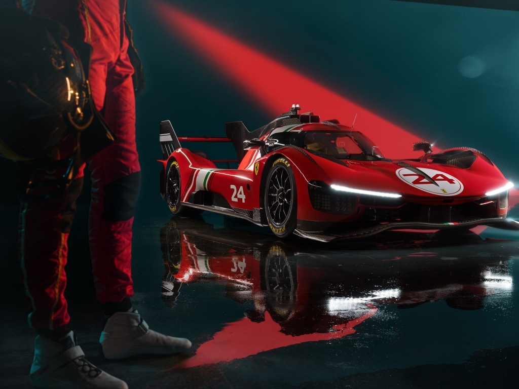 Красный стильный гоночный автомобиль Ferrari 499P Modificata