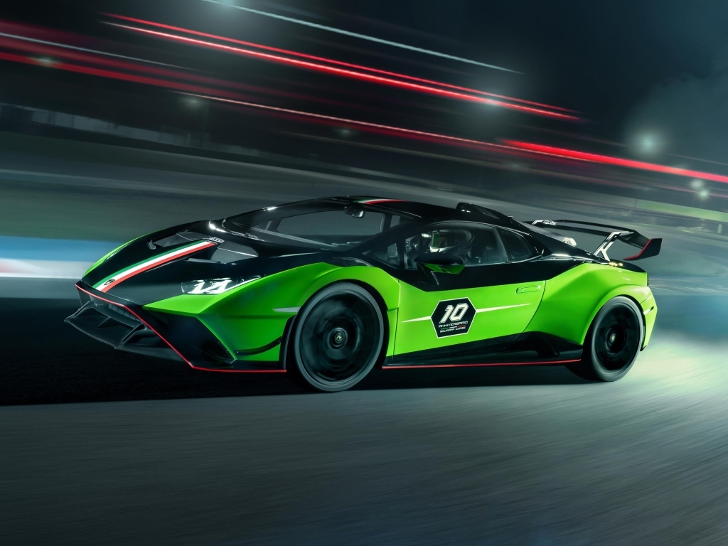 Зеленый быстрый автомобиль Lamborghini Huracan STO SC 10 Anniversario