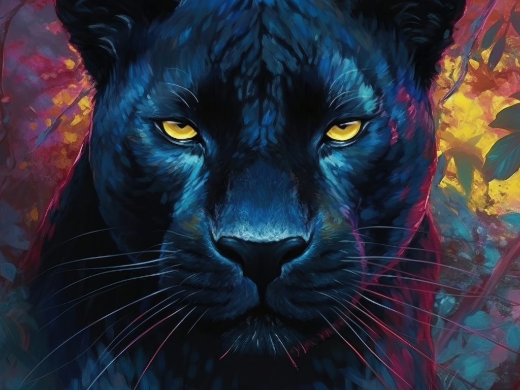 Нарисованная черная пантера в зарослях